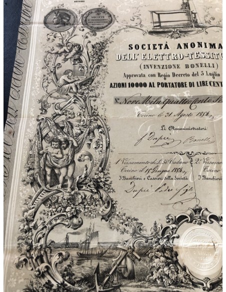 1854 - SOCIETA' ANONIMA DELL'ELETTRO TESSITURA INVENZIONE BONELLI - 1 AZIONE - TORINO