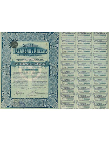 1910 - NAZARENO Y ANEXAS COMPANIA MINERA BONO FUNDADOR AL PORTADOR $1