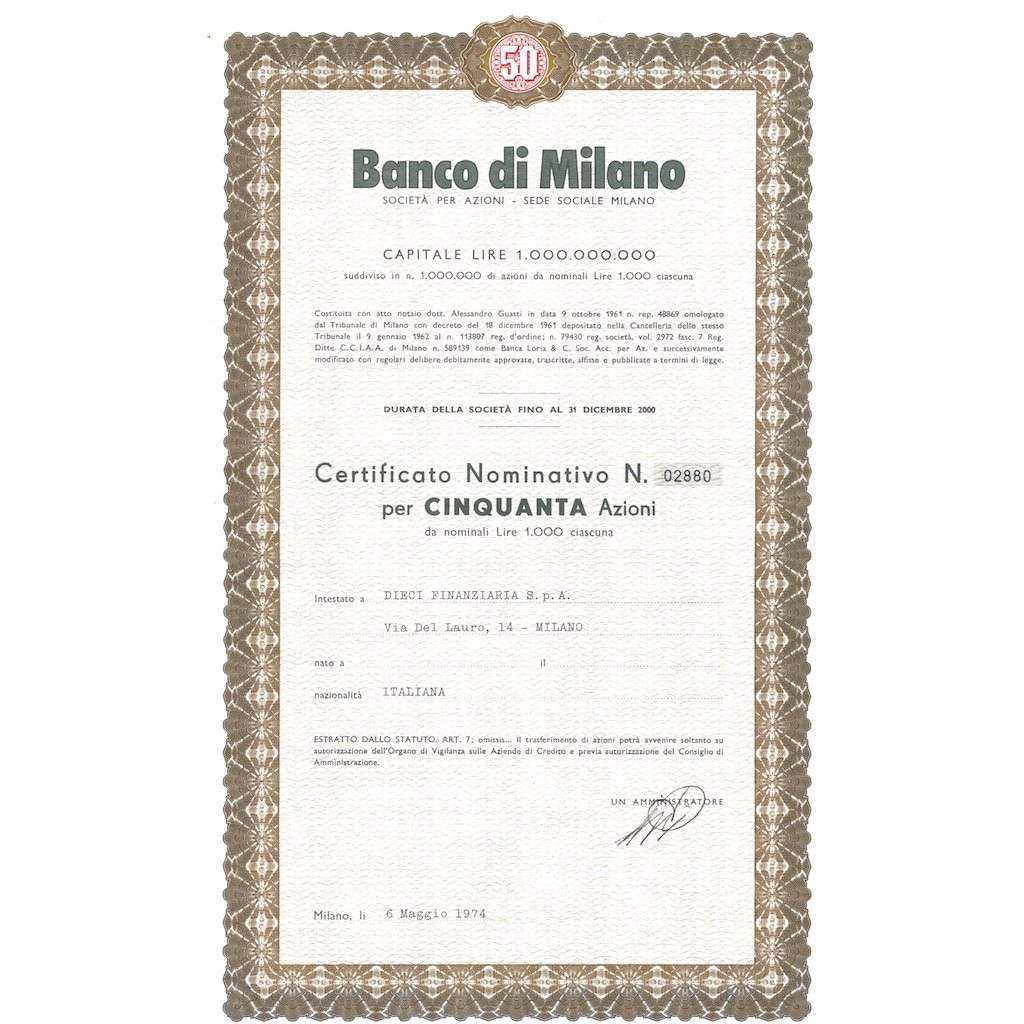 BANCO DI MILANO - 50 AZIONI MILANO 1974