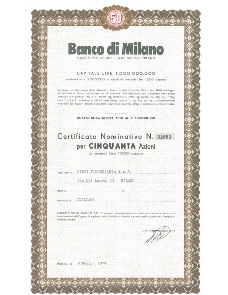 BANCO DI MILANO - 50 AZIONI MILANO 1974