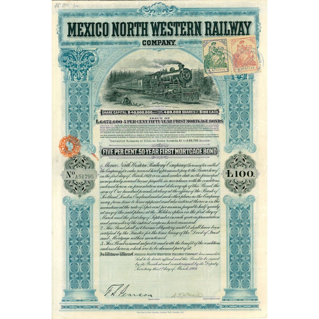 1909 - MEXICO NORTH WESTERN RAILWAY COMP. $100