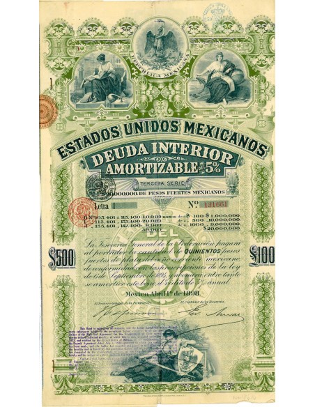 1898 - REPUBLICA MEXICANA 5% ESTADOS UNIDOS MEXICANOS  Letter I
