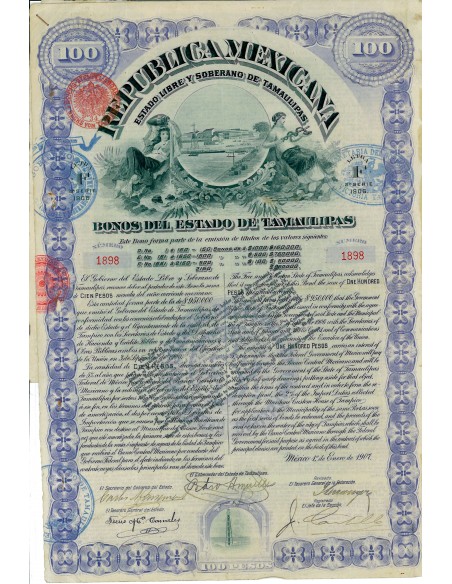 1907 - REPUBLICA MEXICANA - BONOS DEL ESTADO DE TAMAULIPAS (100 $)