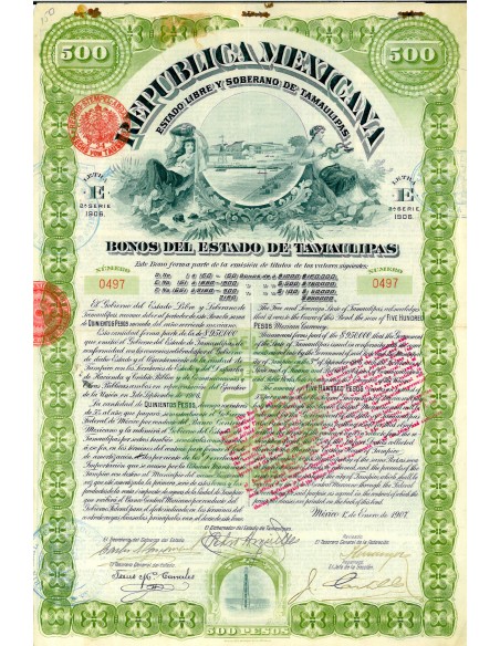 1907 - REPUBLICA MEXICANA - BONOS DEL ESTADO DE TAMAULIPAS (500 $)
