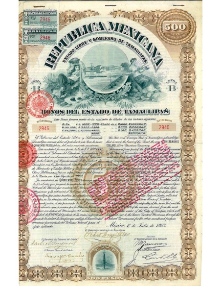 1903 - REPUBLICA MEXICANA - BONOS DEL ESTADO DE TAMAULIPAS (500$)