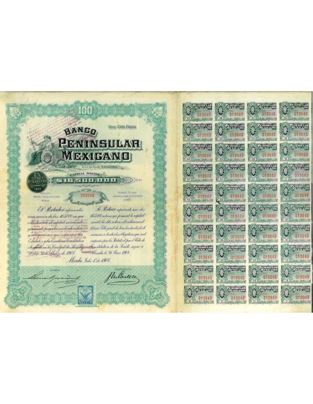 1908 - BANCO PENINSULAR MEXICANO "TWIN LADIES" 100 P.