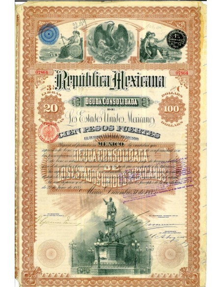 1885 - REPUBLICA MEXICANA - DEUDA CONSOLIDADA DE LOS ESTADOS UNIDOS MEXICANOS $100  "CHRISTOPHER COLUMBUS"