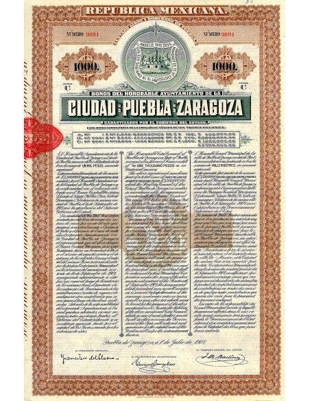 1907 - REPUBLICA MEXICANA - CIUDAD DE PUEBLA DE ZARAGOZA 1000$