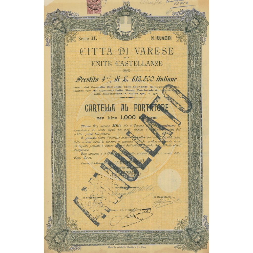 CITTA' DI VARESE ED UNITE CASTELLANZE CARTELLA VARESE 1931