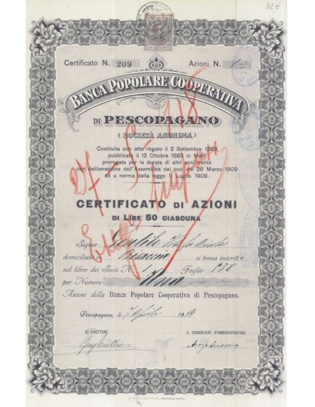 BANCA POP. COOP. DI PESCOPAGANO - UNA AZIONE 1914