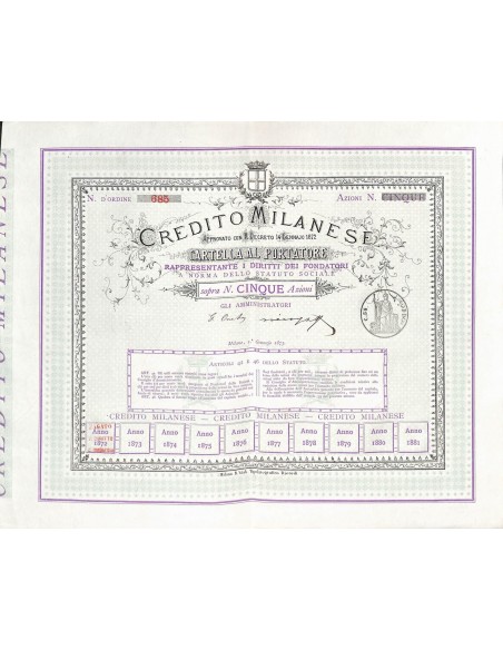 CREDITO MILANESE - 5 AZIONI MILANO 1873