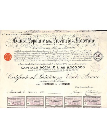 BANCA POPOLARE DELLA PROVINCIA DI MACERATA - 20 AZIONI - MACERATA 1926
