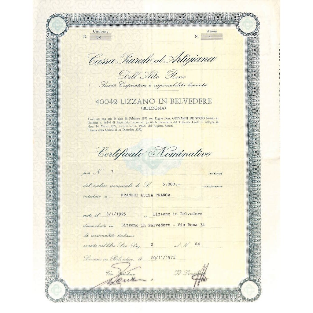 CASSA RURALE AD ARTIGIANA DELL'ALTO RENO - UNA AZIONE 1973