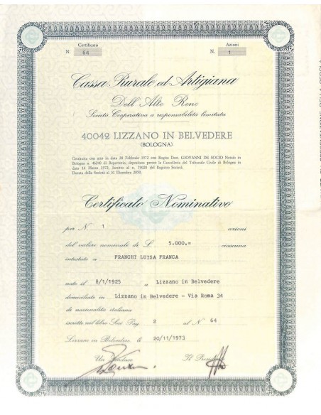 CASSA RURALE AD ARTIGIANA DELL'ALTO RENO - UNA AZIONE 1973