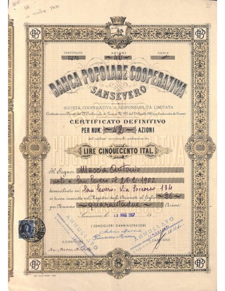 BANCA POPOLARE COOPERATIVA SANSEVERO - AZIONI 1967