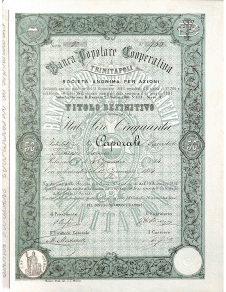 BANCA POPOLARE COOPERATIVA TRINITAPOLI - UNA AZIONE 1884