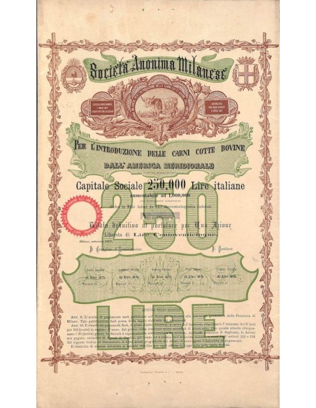SOC. ANON. PER L'INTRODUZIONE DELLE CARNI ... UNA AZIONE MILANO 1872
