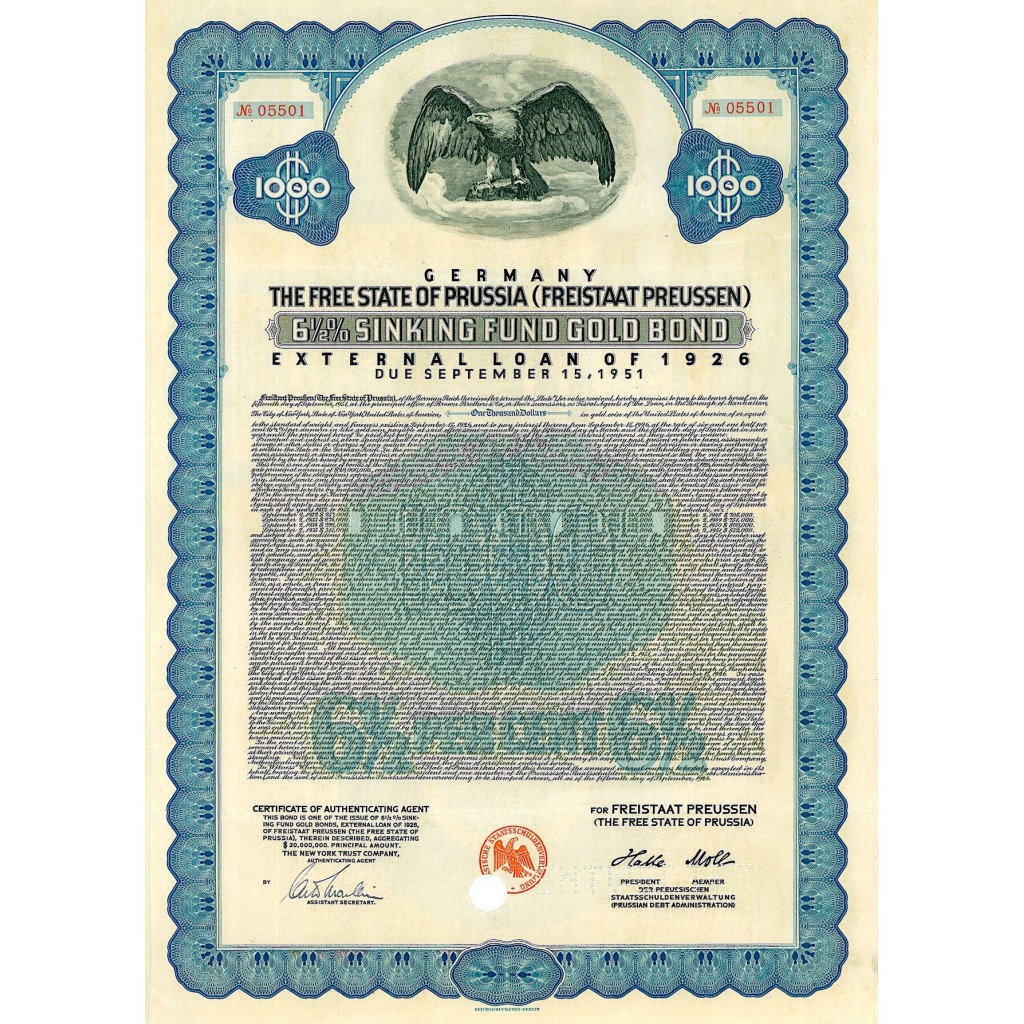 1926 - THE FREE STATE OF PRUSSIA 6,5% SINKING...