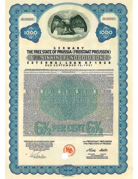 1926 - THE FREE STATE OF PRUSSIA 6,5% SINKING FUND BOND $1.000