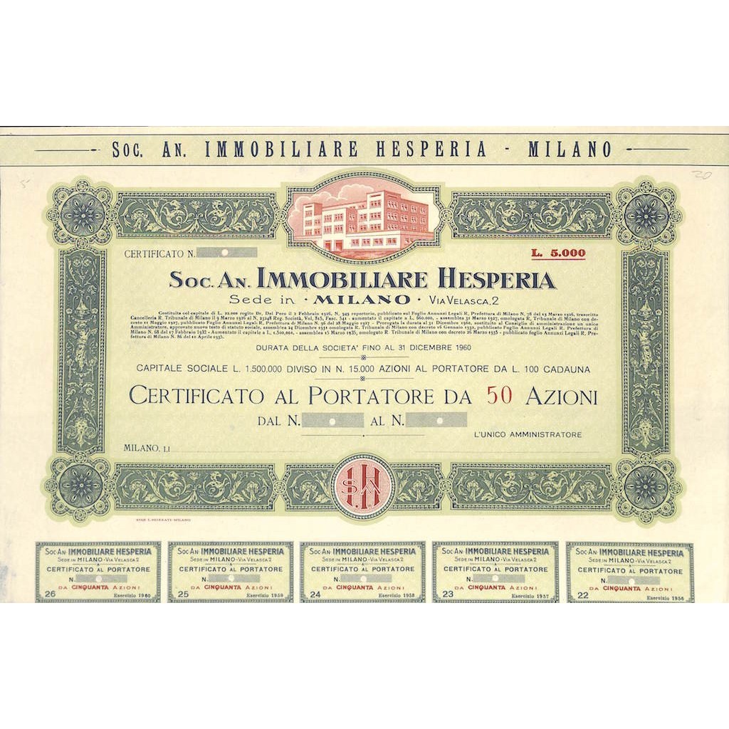 SOC. AN. IMMOBILIARE HESPERIA - 50 AZIONI MILANO 1926