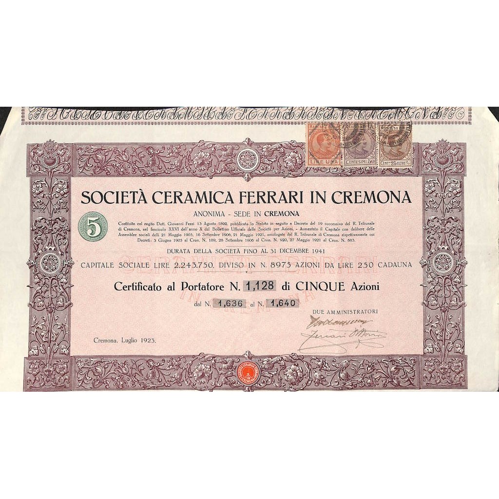 SOCIETA' CERAMICA FERRARI IN CREMONA - 5 AZIONI CREMONA 1923