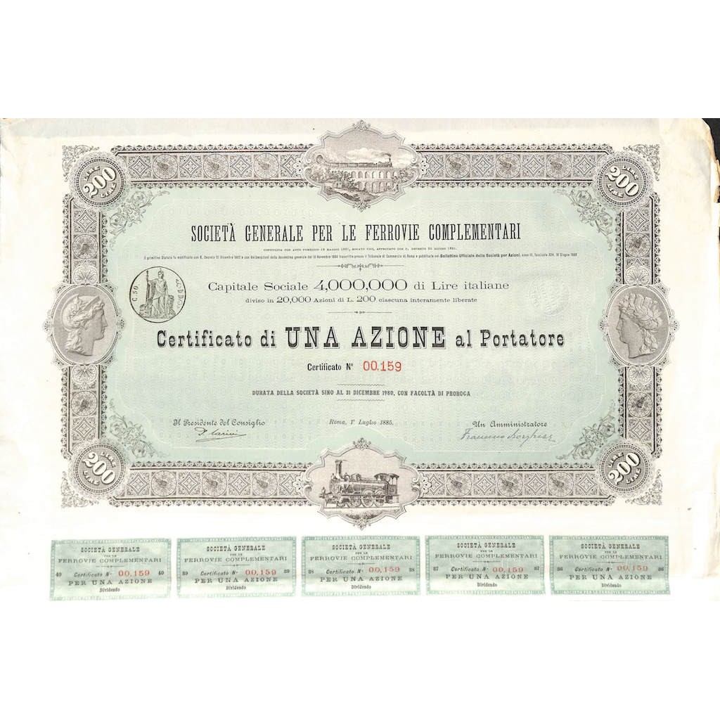 SOC. GEN. PER LE FERROVIE COMPLEMENTARI - UNA AZIONE ROMA 1885