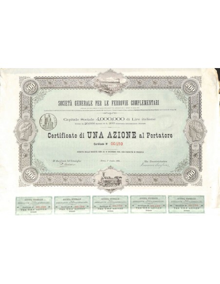 SOC. GEN. PER LE FERROVIE COMPLEMENTARI - UNA AZIONE ROMA 1885