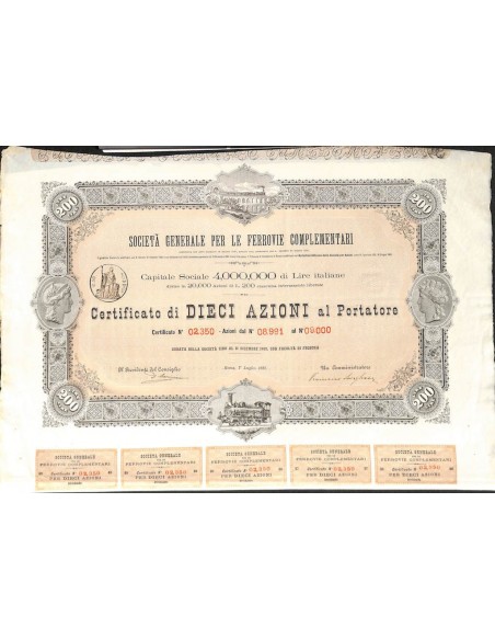 SOC. GEN. PER LE FERROVIE COMPLEMENTARI - 10 AZIONI ROMA 1885