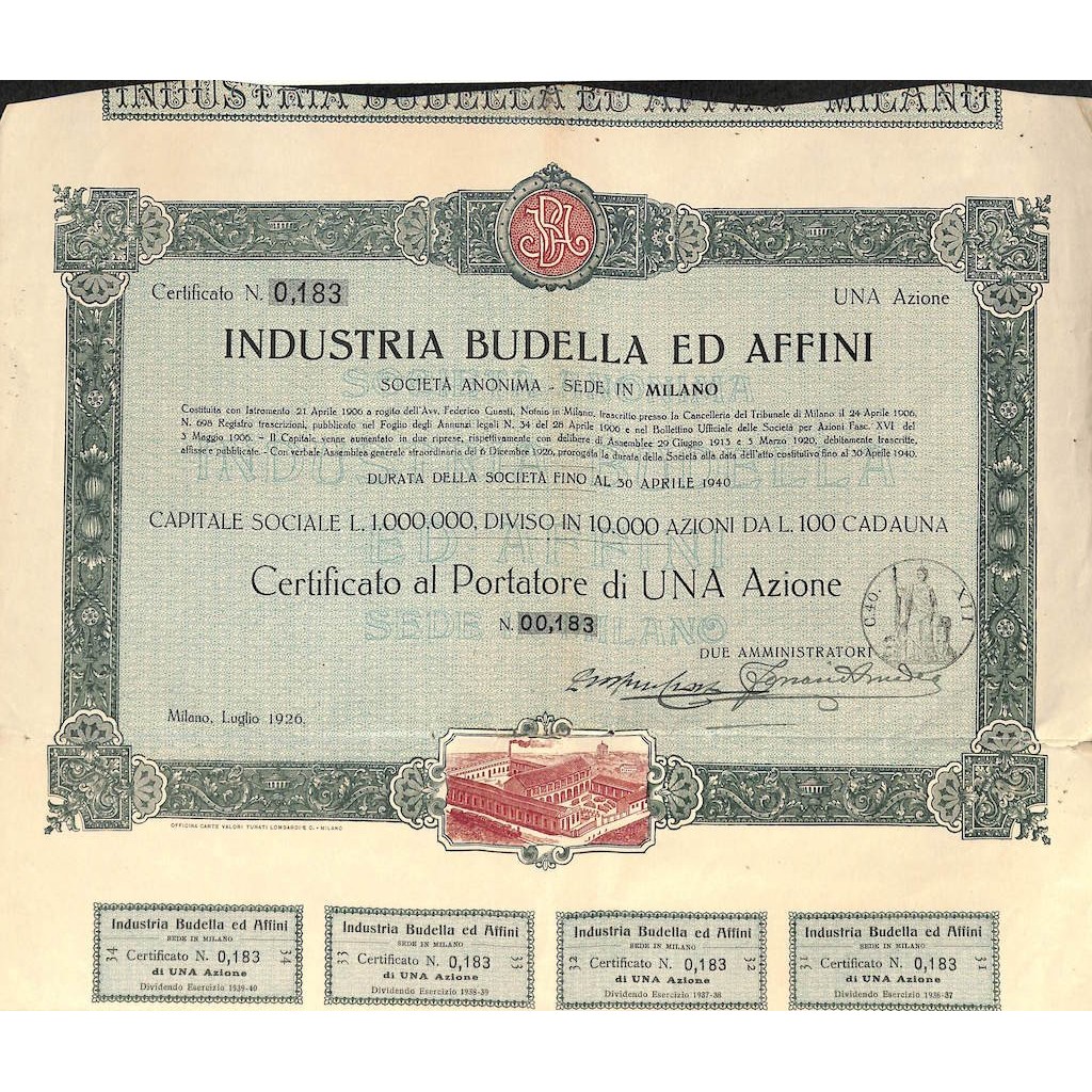 INDUSTRIA BUDELLA ED AFFINI - UNA AZIONE MILANO 1926