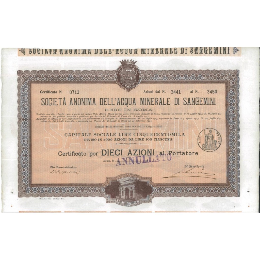 SOC. ANON. DELL'ACQUA MINERALE DI SANGEMINI - 10 AZIONI ROMA 1913