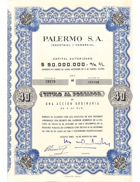 PALERMO S.A. - UNA AZIONE - 1962 BUENOS AIRES