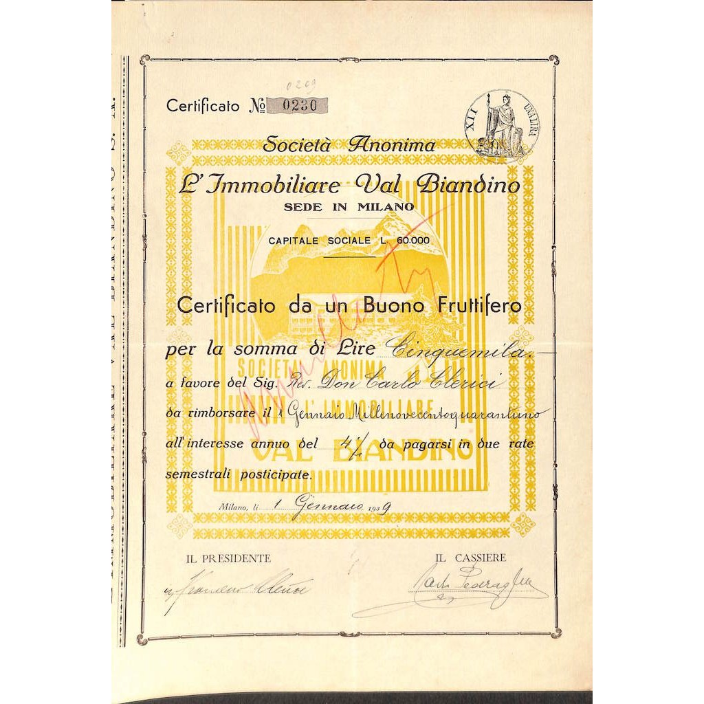 SOC. ANONIMA L'IMMOBILIARE VAL BIANDINO - UN BUONO DA 5000 LIRE MILANO 1939