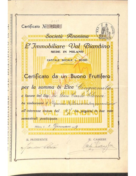 SOC. ANONIMA L'IMMOBILIARE VAL BIANDINO - UN BUONO DA 5000 LIRE MILANO 1939
