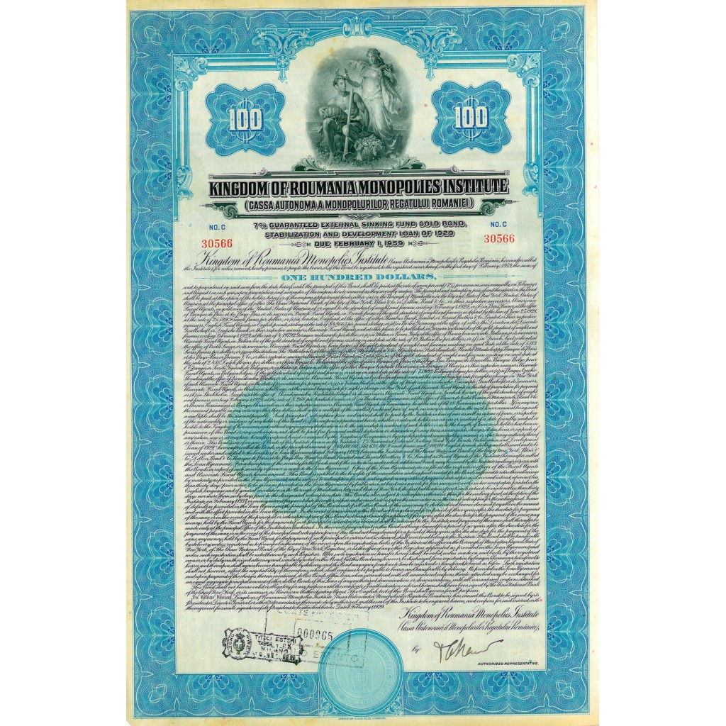 1929 - KINGDOM OF ROUMANIA MONOPOLIES INSTITUTE...