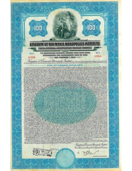 1929 - KINGDOM OF ROUMANIA MONOPOLIES INSTITUTE GOLD BOND