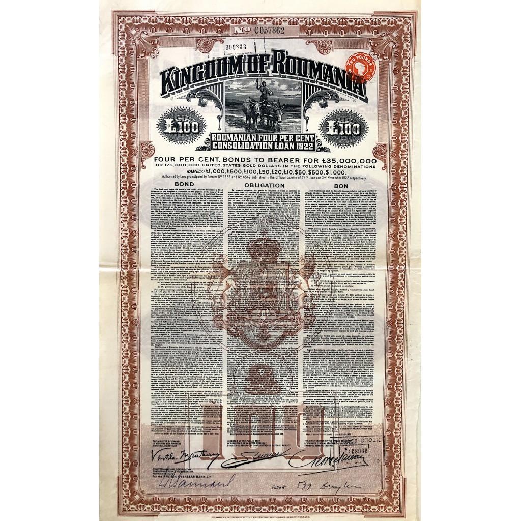 1922 - KINGDOM OF ROUMANIA 4% CONSOLIDATION