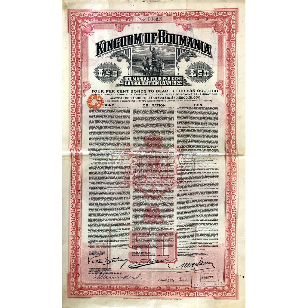 1922 - KINGDOM OF ROUMANIA 4% CONSOLIDATION...