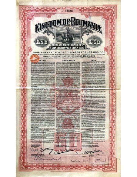 1922 - KINGDOM OF ROUMANIA 4% CONSOLIDATION LOAN GOLD DOLLAR £50 - Scripopass (COA) included