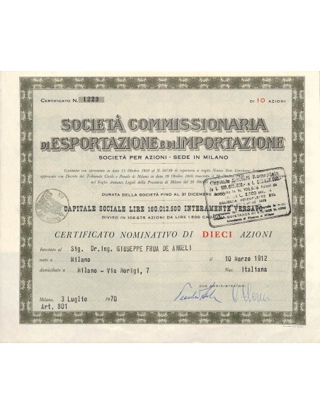 SOC. COMMISSIONARIA DI ESPORT. ED IMPORTAZIONE - 10 AZIONI MILANO 1970