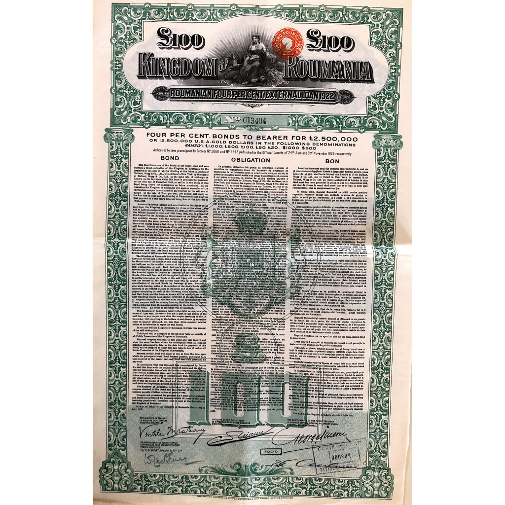 1922 - KINGDOM OF ROUMANIA EXTERNAL LOAN 4%