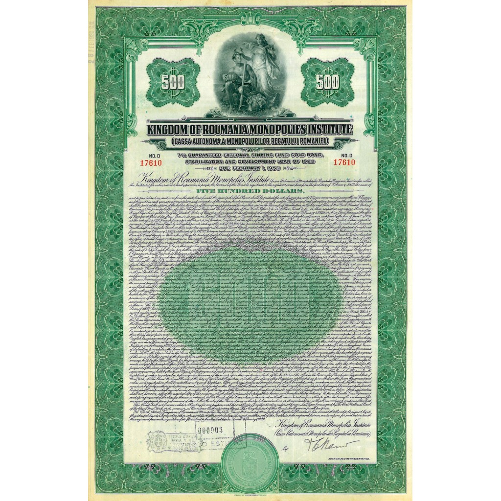 1929 - KINGDOM OF ROUMANIA MONOPOLIES INSTITUTE