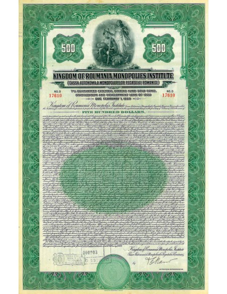 1929 - KINGDOM OF ROUMANIA MONOPOLIES INSTITUTE