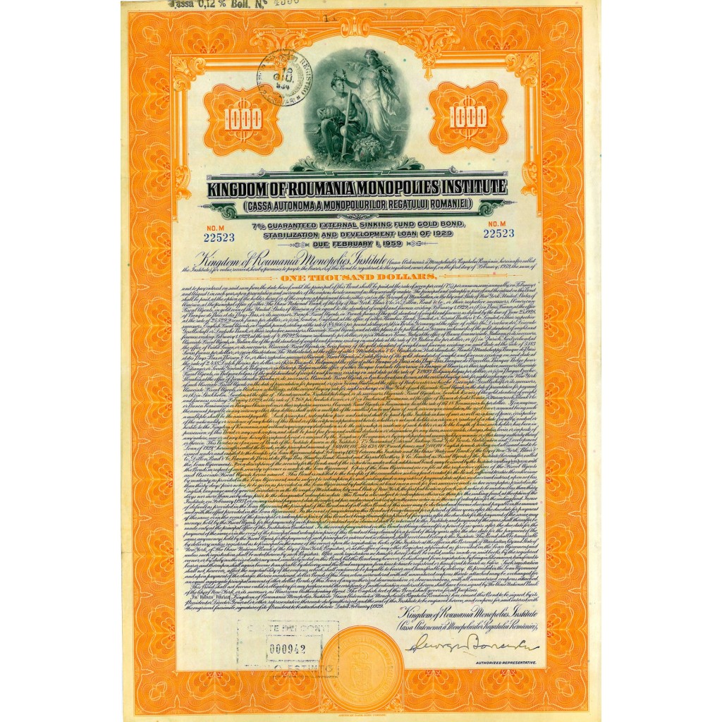 1929 - KINGDOM OF ROUMANIA MONOPOLIES INSTITUTE