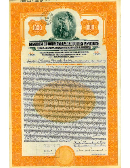 1929 - KINGDOM OF ROUMANIA MONOPOLIES INSTITUTE