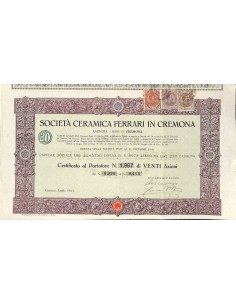 SOC. CERAMICA FERRARI IN CREMONA - 20 AZIONI CREMONA 1923
