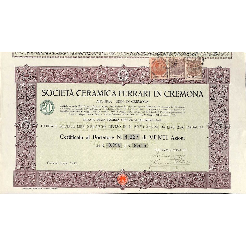 SOC. CERAMICA FERRARI IN CREMONA - 20 AZIONI CREMONA 1923