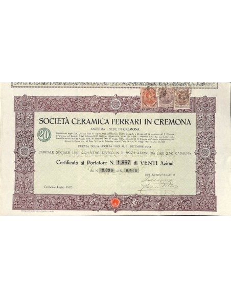 SOC. CERAMICA FERRARI IN CREMONA - 20 AZIONI CREMONA 1923