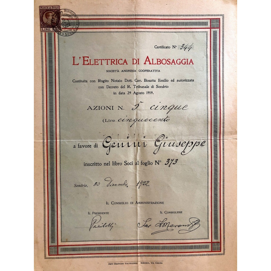 1922 - L'ELETTRICA DI ALBOSAGGIA - SONDRIO