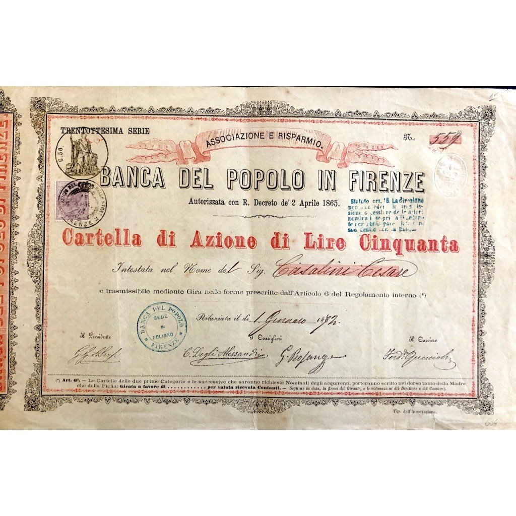 1872 - BANCA DEL POPOLO IN FIRENZE 38° SERIE