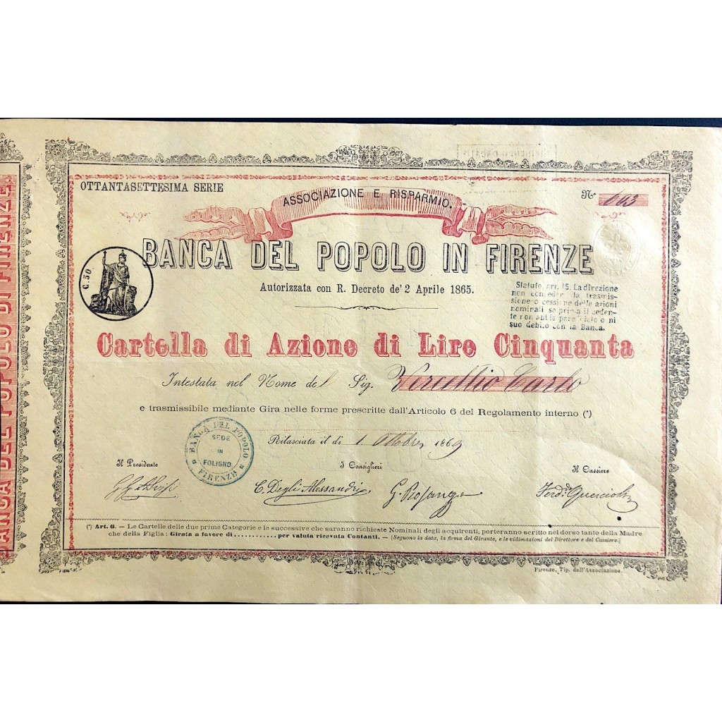 1869 - BANCA DEL POPOLO IN FIRENZE 87° SERIE